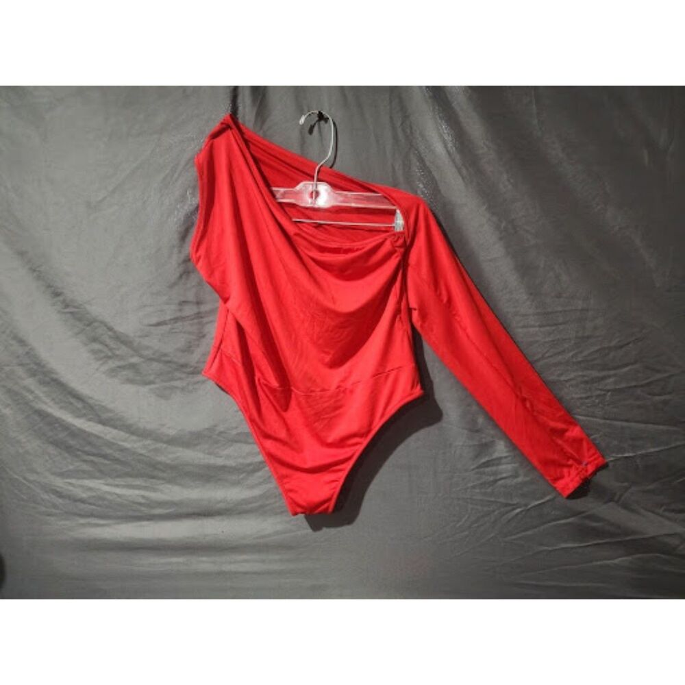Red One-Shoulder Long-Sleeve Bodysuit Asymmetric Party Top Size XL
